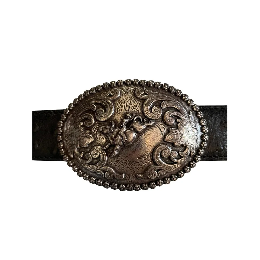 Western Leather Ostrich Print Belt Silver Rodeo Buckle Black 29inch by Nocona